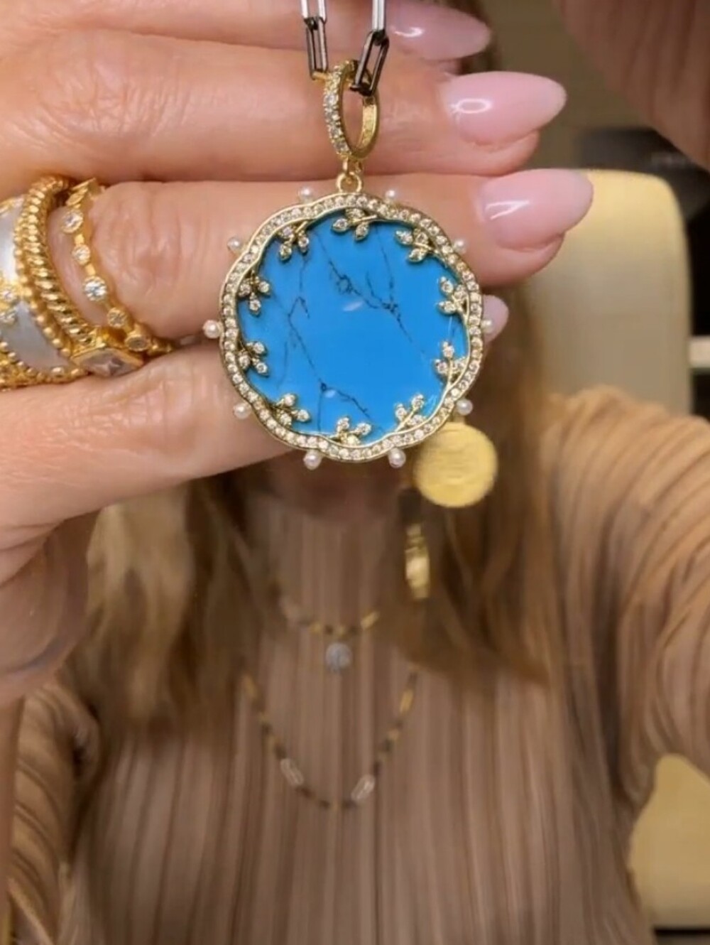 Turquoise  Pendant - Blue Gold Accent